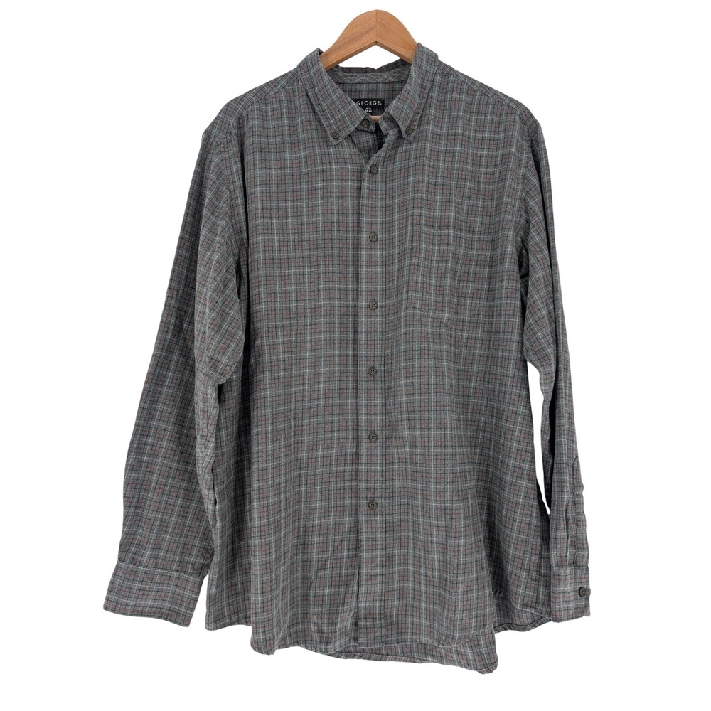 George Button Down Shirt Mens XL Grey Excellent Plaid Long Sleeve Casual Flannel